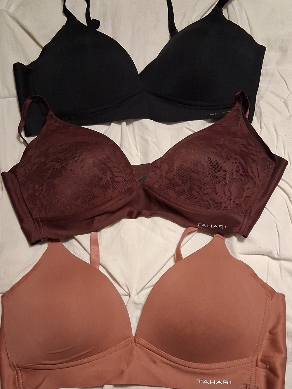 Tahari Bras Trio in Black, Burgundy, and Blush